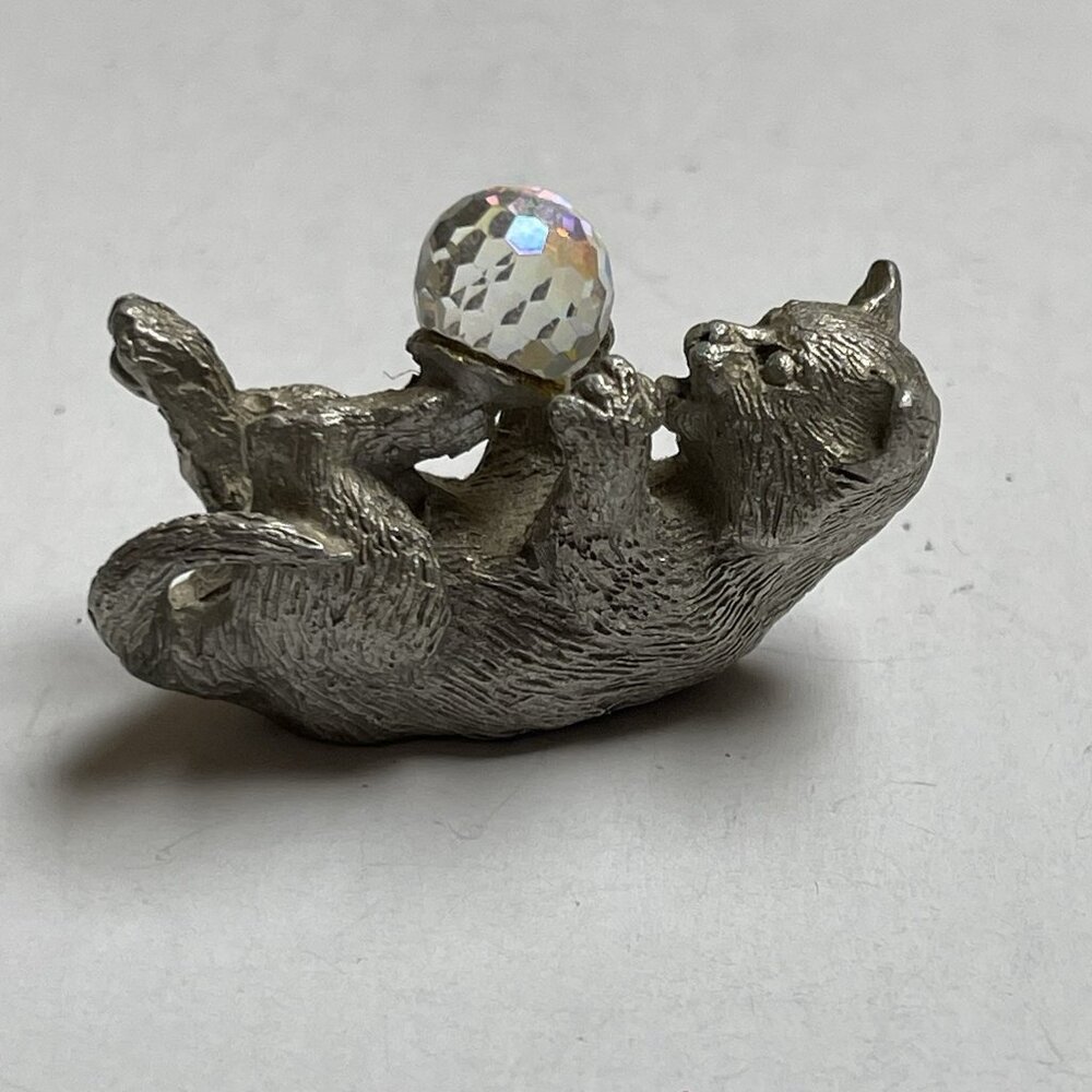 Pewter Cat on Back Looking Up at Crystal Gazing Ball Mini Figure Home Decor Gift